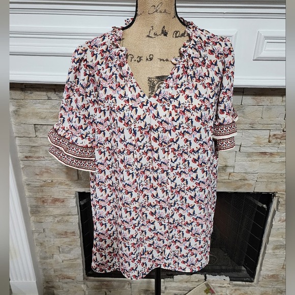 Max Studio red & white floral ruffle sleeve shirt plus size 2X‎ - Picture 1 of 8